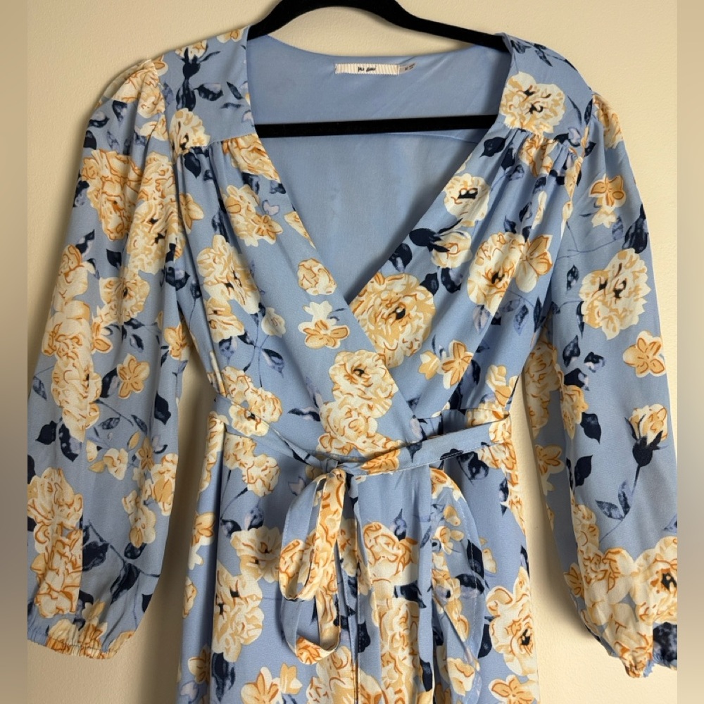 Mi Ami Women's Blue Yellow Floral Wrap Hi Low Midi Dress Size M - Picture 6 of 14